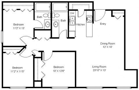 Floor plan for 3 beds, 2 baths, 1372 sqft